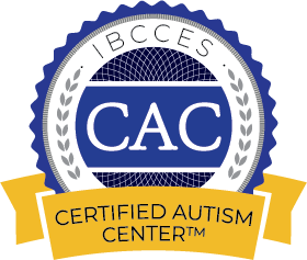 Certified Autism Center badge with blue and gray design, featuring CAC acronym, IBBCEES, and a yellow ribbon with the words 'Certified Autism Center'