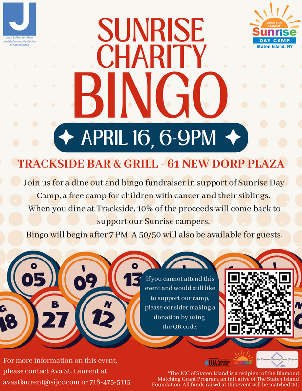 Flyer for Sunrise Charity Bingo event on April 16 from 6-9 PM at Trackside Bar & Grill in Staten Island, NY. Includes details about supporting Sunrise Day Camp, bingo starting at 7 PM, and a QR code for donations.