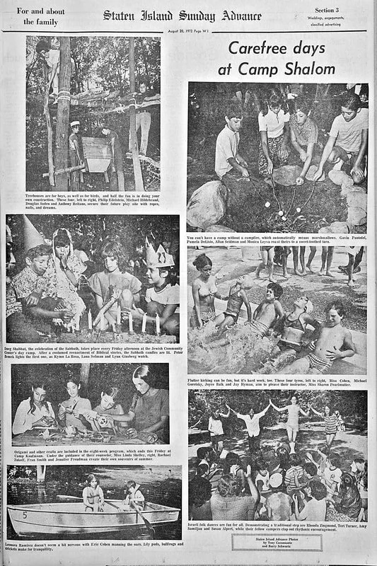A black and white newspaper page from the Staten Island Sunday Advance about Camp Shalom. The page features photos of children participating in outdoor activities such as planting, crafts, swimming, and canoeing during a camp event.