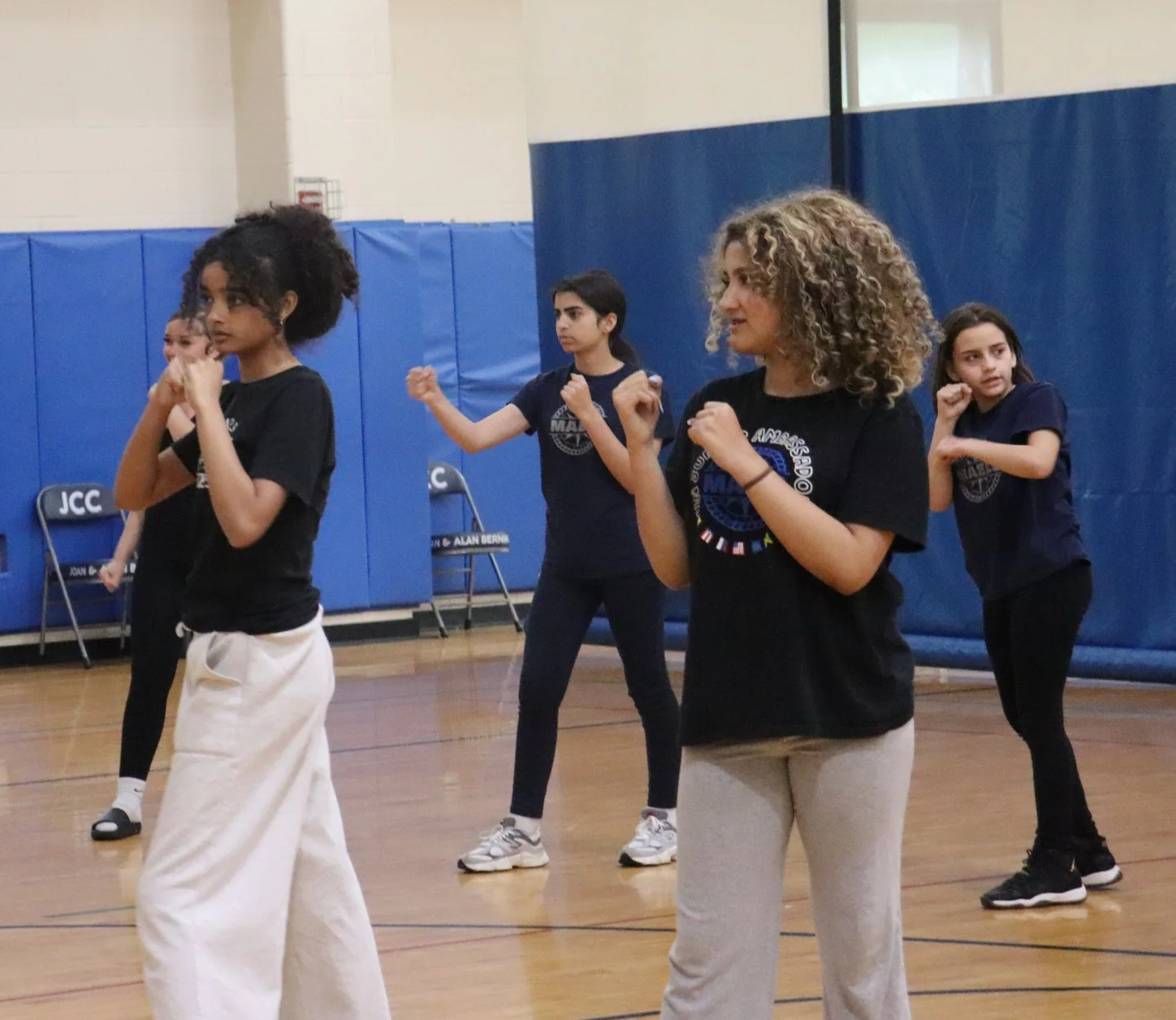 Group of young women practicing a martial arts or self-defense class in a gymnasium, wearing black T-shirts with a logo, performing stances with fists raised, blue padded walls in the background.