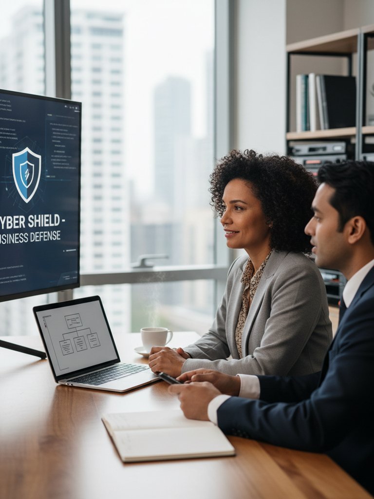 Carbon Cyber Consulting - Two professionals, a woman and a man, sit at a conference table in a modern office, watching a presentation on cybersecurity titled 'Cyber Shield - Business Defense' on a large monitor.