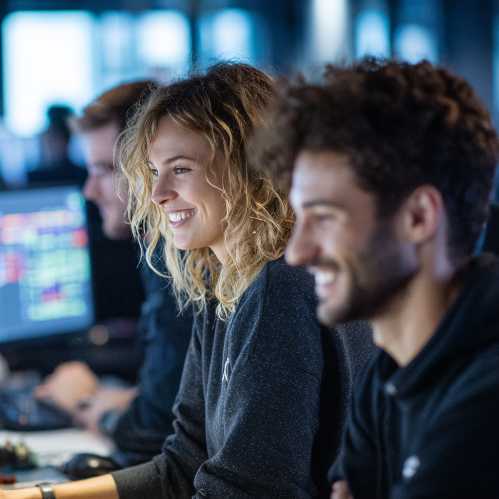 Carbon Cyber Consulting - Three young adults sitting at a desk in front of computers, smiling and working in a tech or gaming environment.