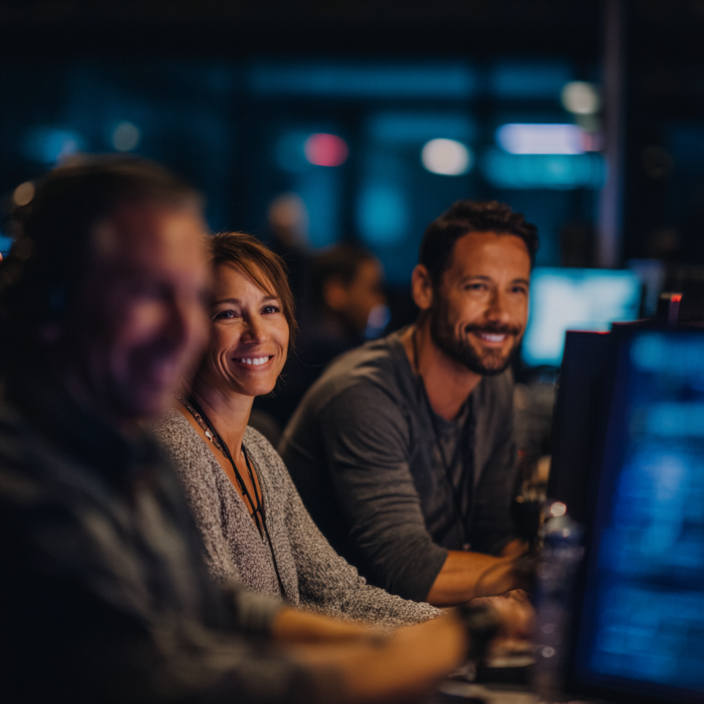 Carbon Cyber Consulting - People working at computers in a dimly lit office or gaming environment, smiling and enjoying their work or gaming session.