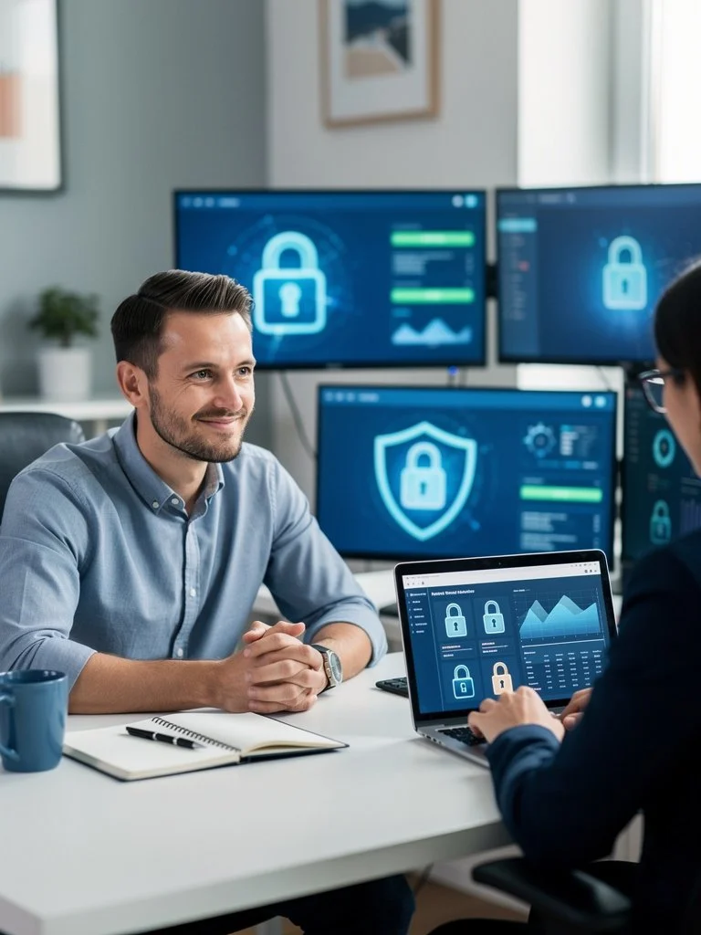 Carbon Cyber Consulting - Two professionals discussing cybersecurity in an office with multiple monitors displaying security icons and graphs.