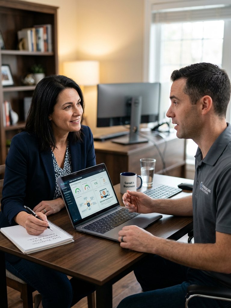 Carbon Cyber Consulting - A woman and a man have a business meeting in an office, sitting at a table with a laptop, notebook, and various office items, engaged in conversation.
