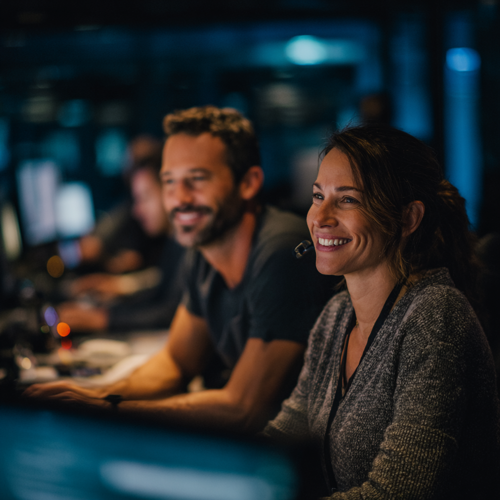 Carbon Cyber Consulting - Two smiling call center operators sitting at their desks with headsets in a dimly lit office, working at computers.