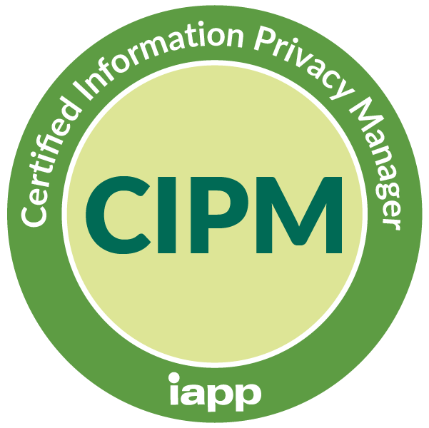 Carbon Cyber Consulting - A circular badge with a green border and a light green center that reads "CIPM" in large bold letters, with the surrounding text "Certified Information Privacy Manager" and "iapp".