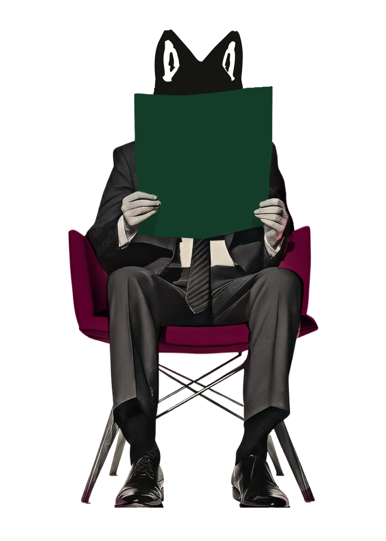 A person in a business suit sitting on a pink chair, reading a green document.