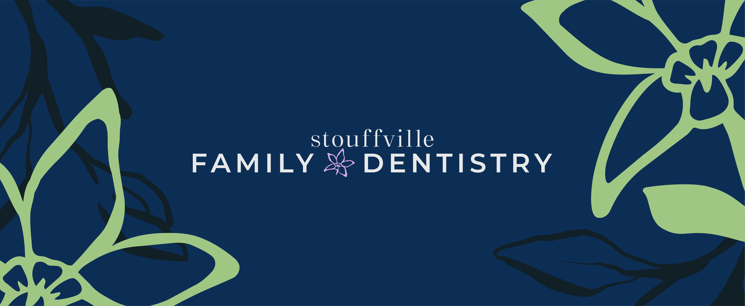 A navy blue background with green floral and leaf illustrations, featuring the text 'Stouffville Family Dentistry' with a purple flower icon between the words.