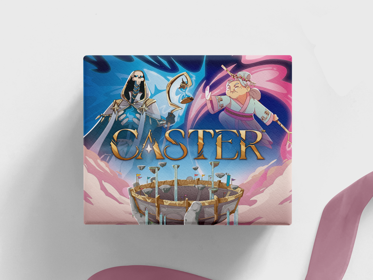A colorful illustration of a game called 'Caster'. The artwork features a skeletal mage in dark robes with gold accents holding a staff, and an elderly wizard with a pink beard and a crown, casting a spell. There is a circular arena at the bottom with floating islands and flags, set against a vibrant sky with pink and blue clouds.