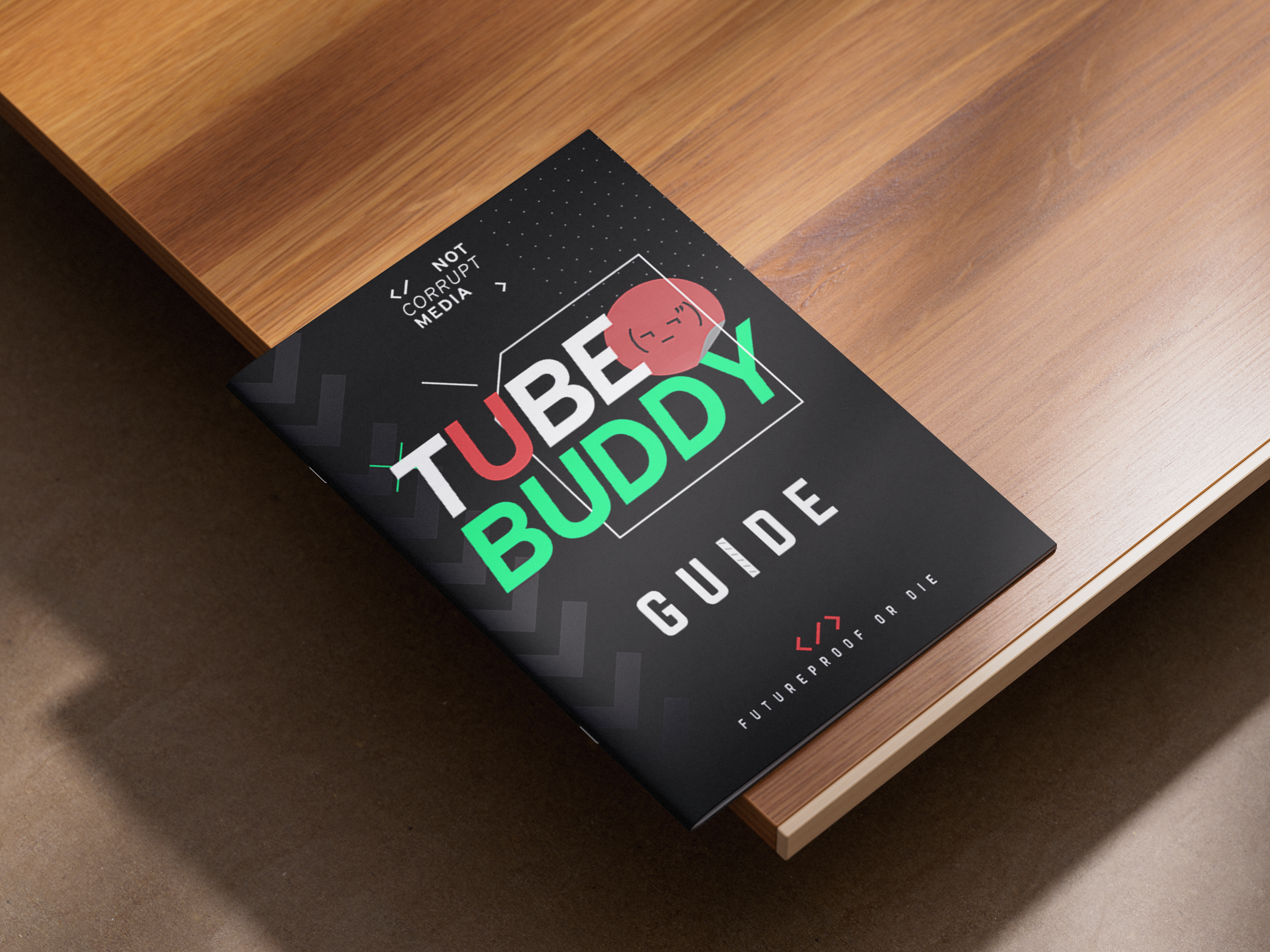 Close-up of a brochure titled 'TUBBY BUDDY GUIDE' on a wooden table.