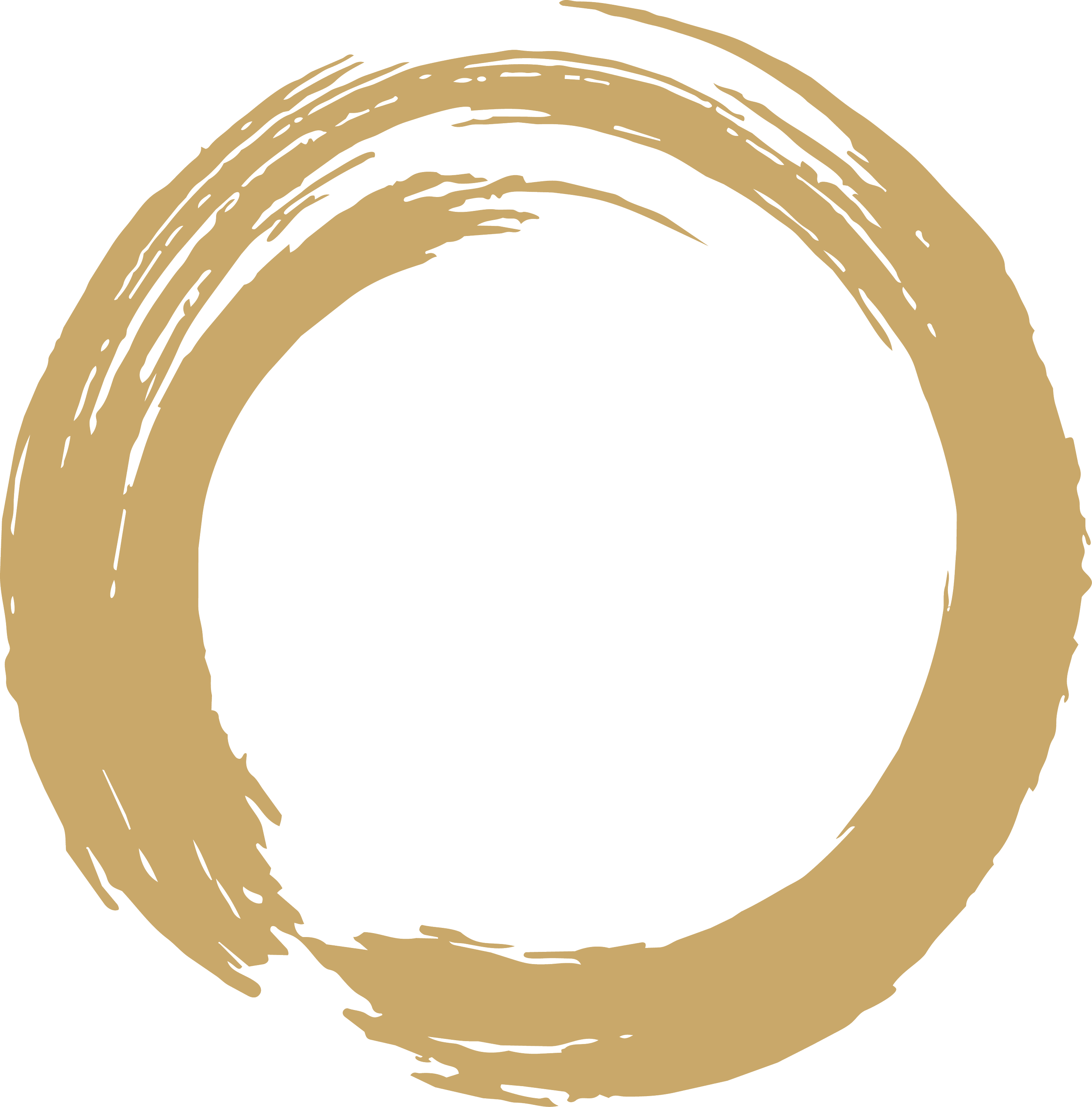 Gold circular brushstroke design on a black background.