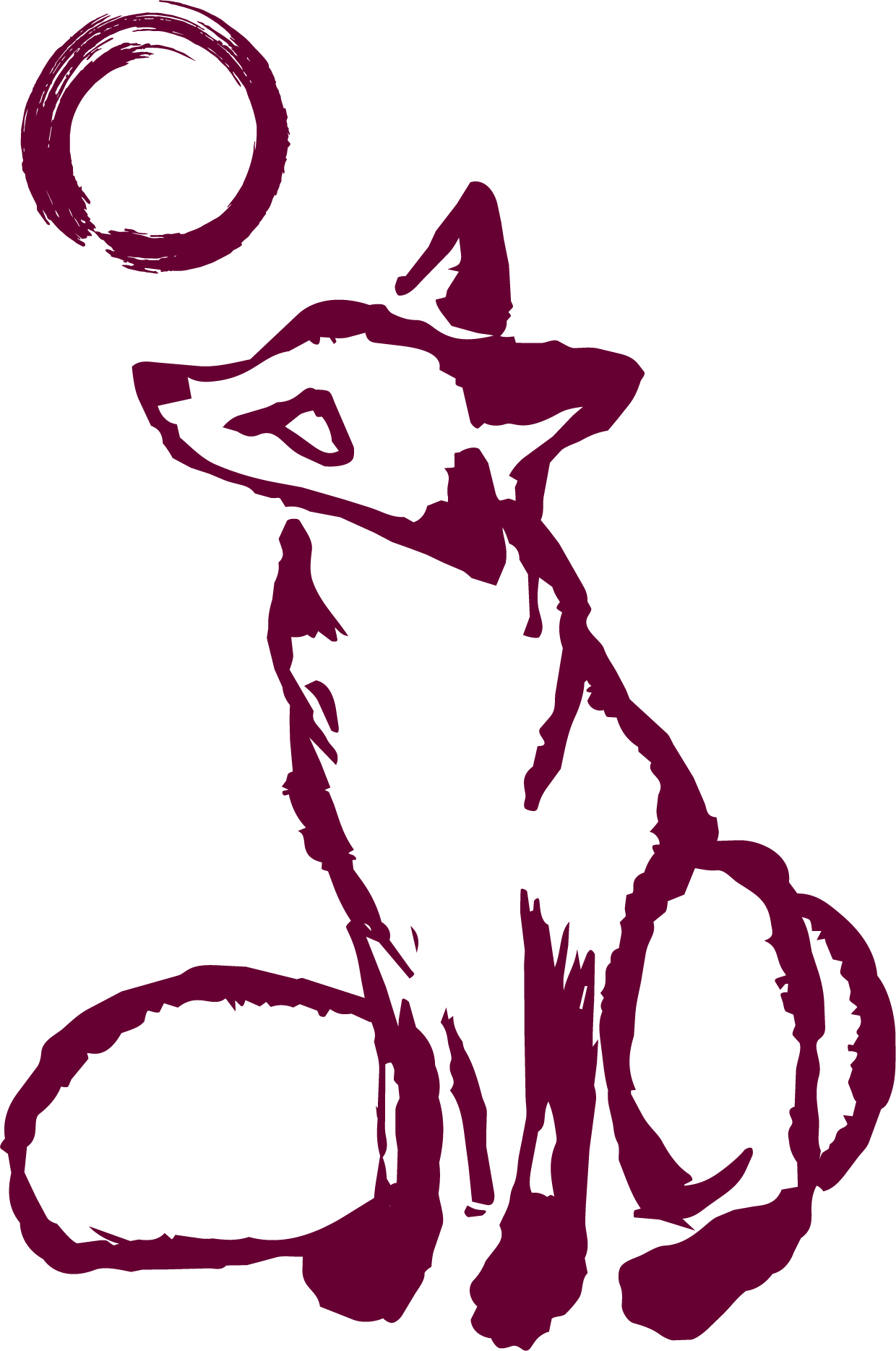A stylized purple outline of a person riding a bicycle under a large, circular moon in the night sky.