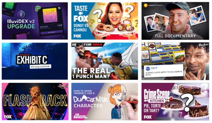 A collage of nine thumbnails featuring various TV shows and topics, including upgrade software, donut versus cannoli, a documentary, a crime exhibit, MMA fighting, art collaboration, a flashback scene, character drawing tutorial, and a dessert quiz.