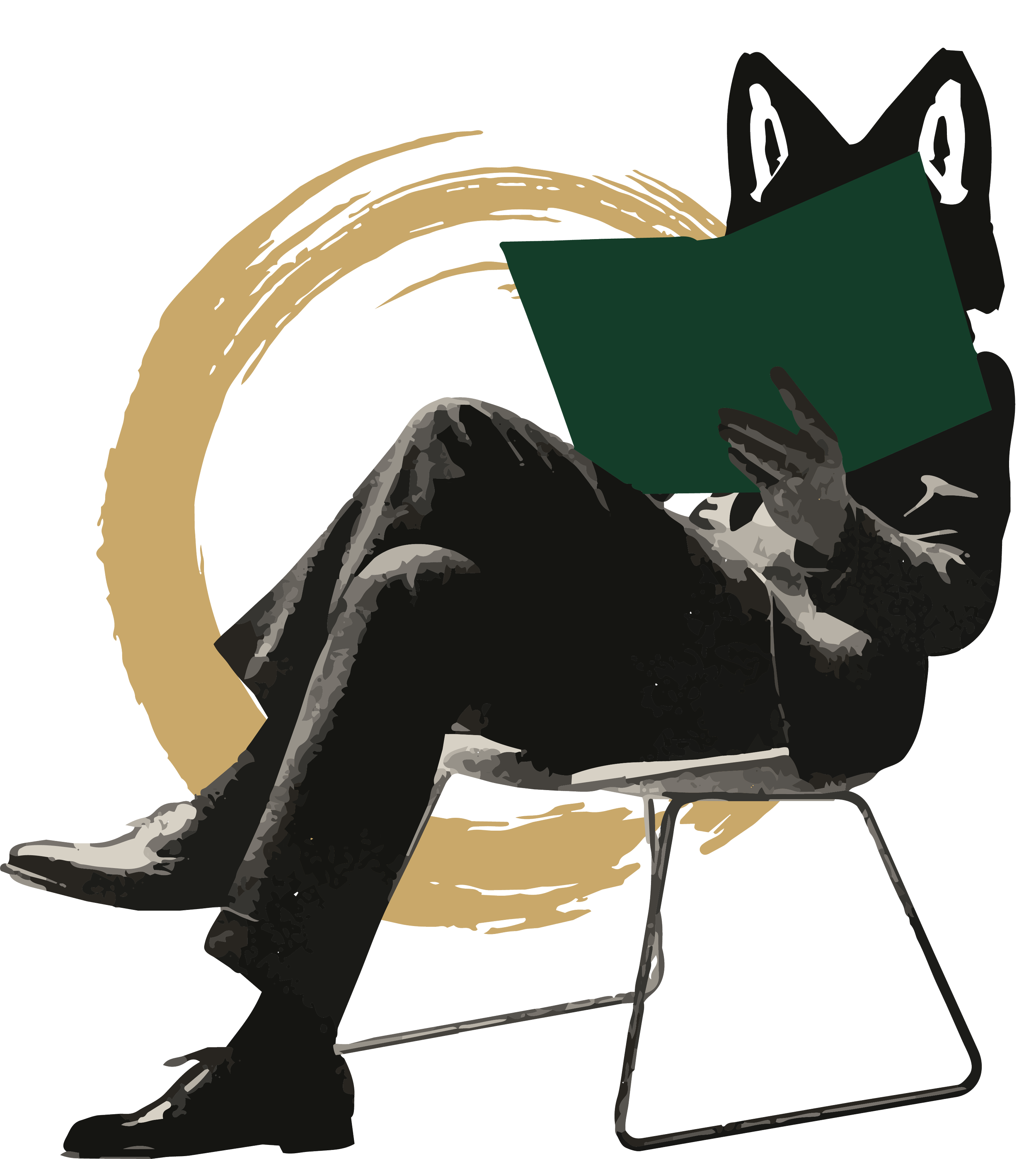 Person in black clothing sitting on a chair and reading a green book. The person has gray hair and is holding the book with both hands.