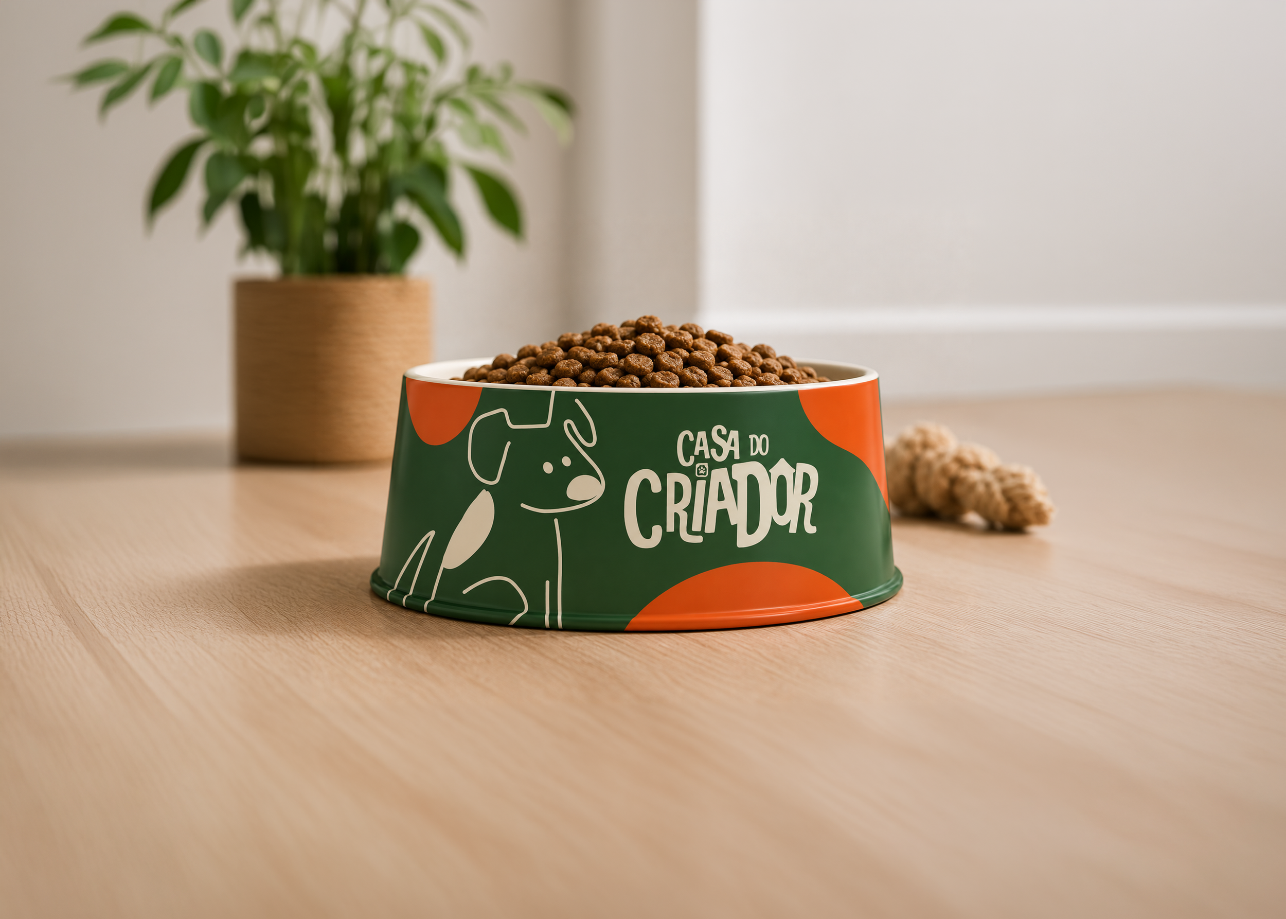 A green and orange pet food bowl with the words "Casa do Criador" on it, filled with dry pet food, placed on a light wood surface. In the background, there is a potted plant with green leaves.