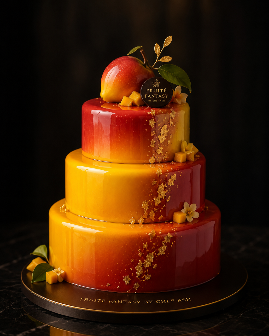 A three-tiered cake with a gradient from yellow to red, decorated with gold leaf, edible flowers, small cubes of yellow sponge, and topped with an apple, leaves, and a black label reading 'Fruité Fantasy by Chef Ash.'