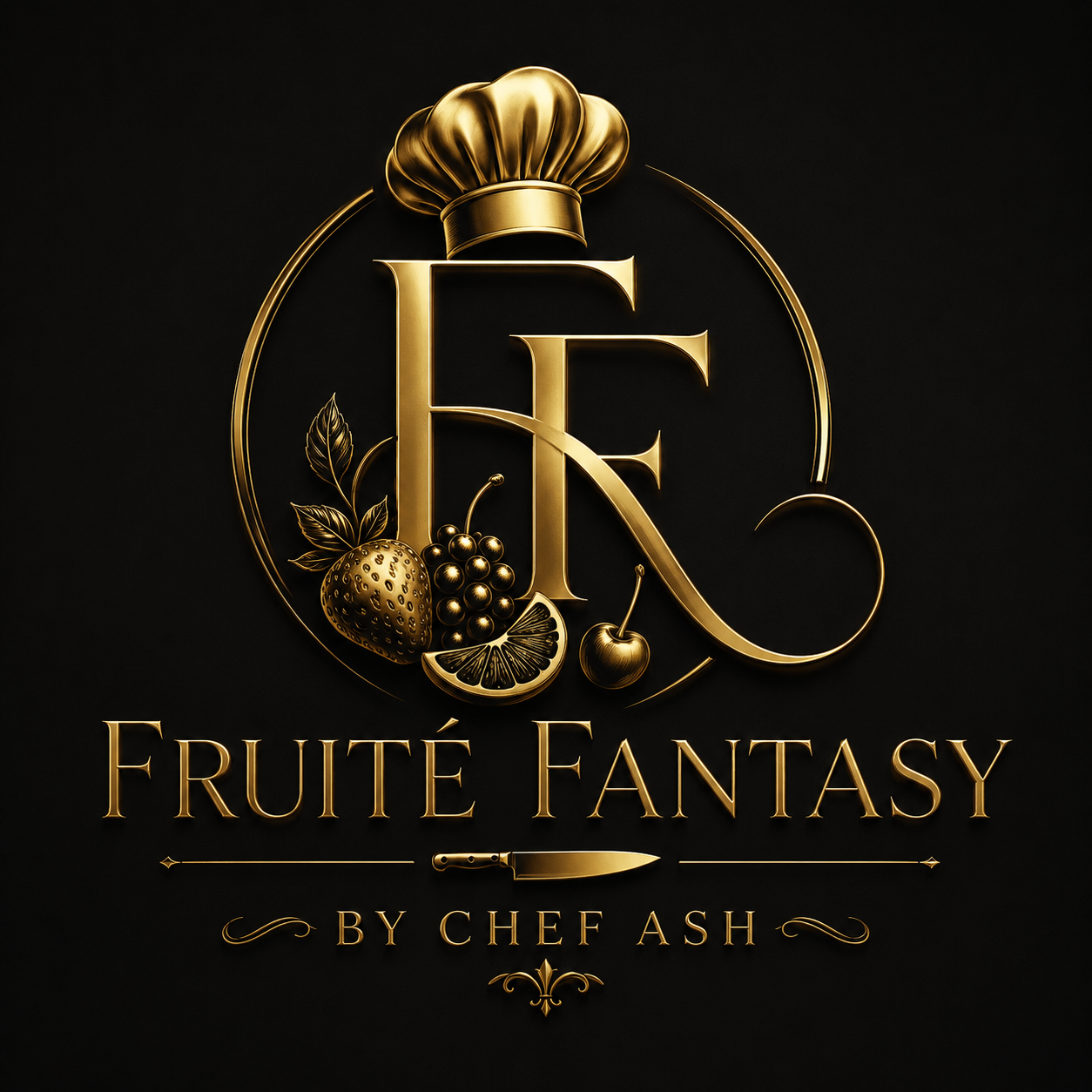 Gold logo with a chef's hat and the initials 'FF' surrounded by fruit illustrations for 'Fruité Fantasy by Chef Ash'