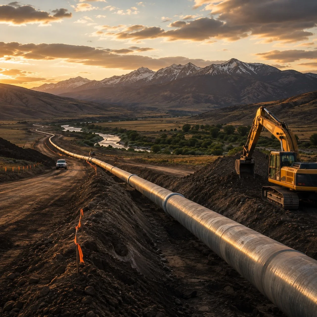 A pipeline being laid in a mountainous valley during sunset, with construction equipment and a vehicle nearby.
