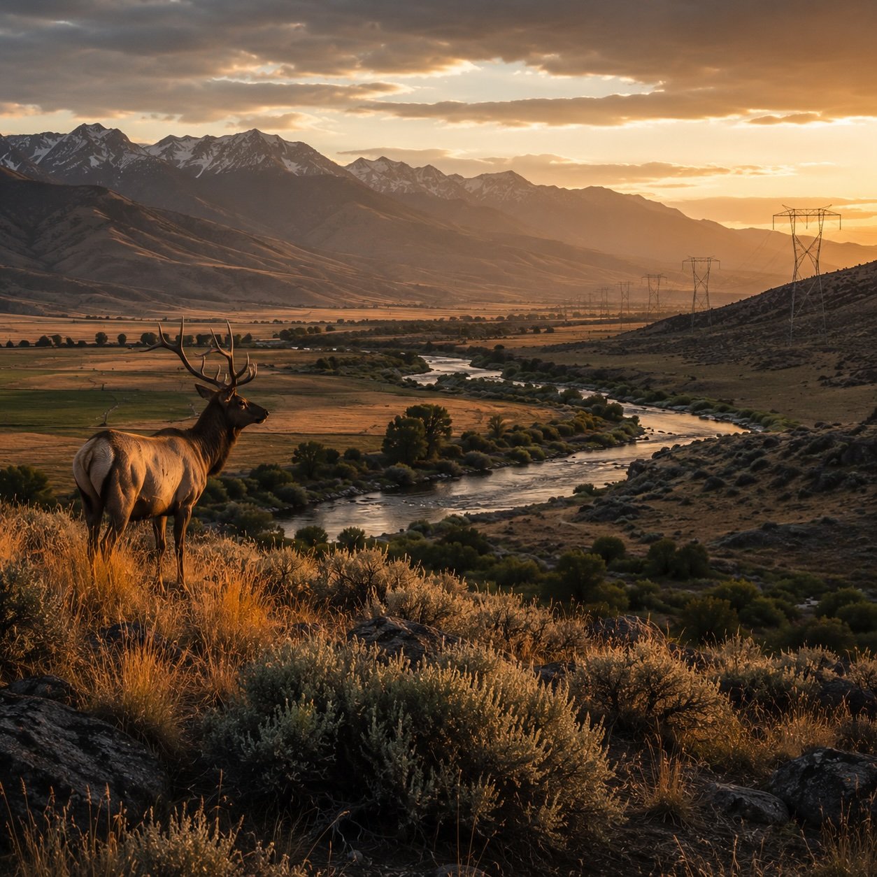 A scenic landscape featuring a deer with large antlers standing on grass in the foreground, a river winding through a valley, mountains in the background, and a sunset sky with clouds.