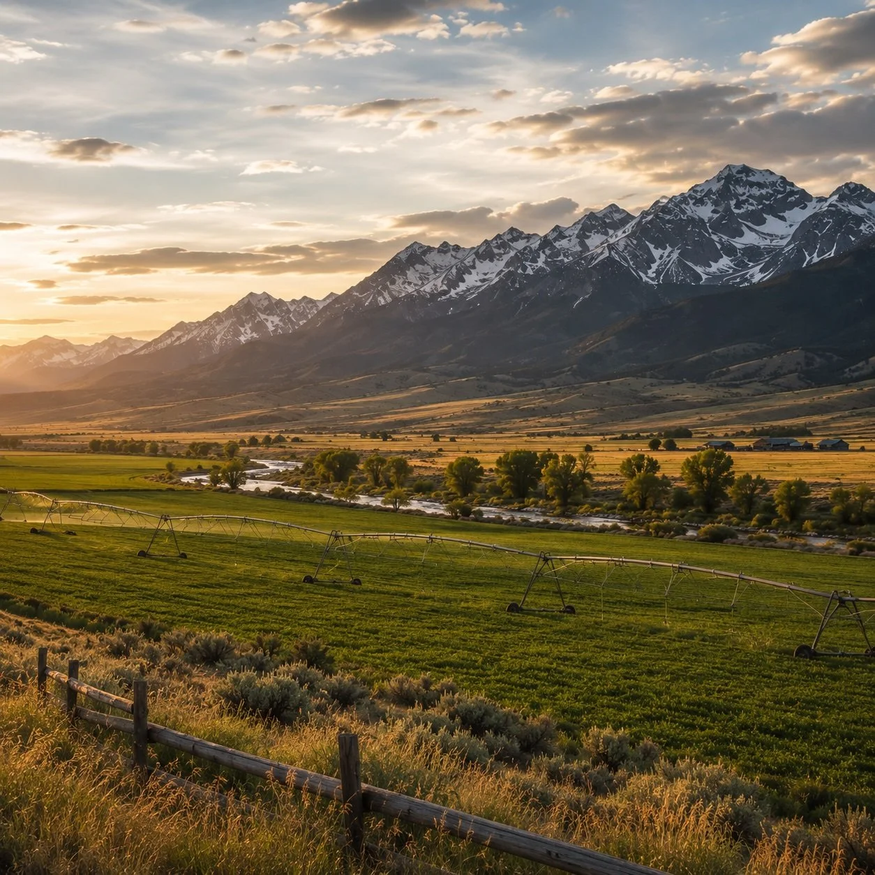 Sunset over a lush green farm with irrigation sprinklers, a river, trees, and a mountain range with snow-capped peaks in the background.
