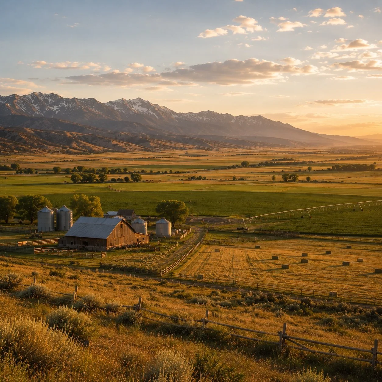 A farm landscape during sunset with a barn, silos, green fields, and distant snow-capped mountains.