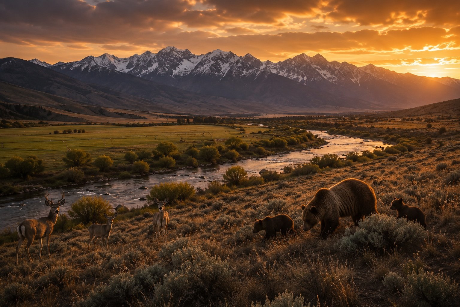 Sunset over mountains with a river in a valley, featuring deer, bears, and dense vegetation in the foreground.