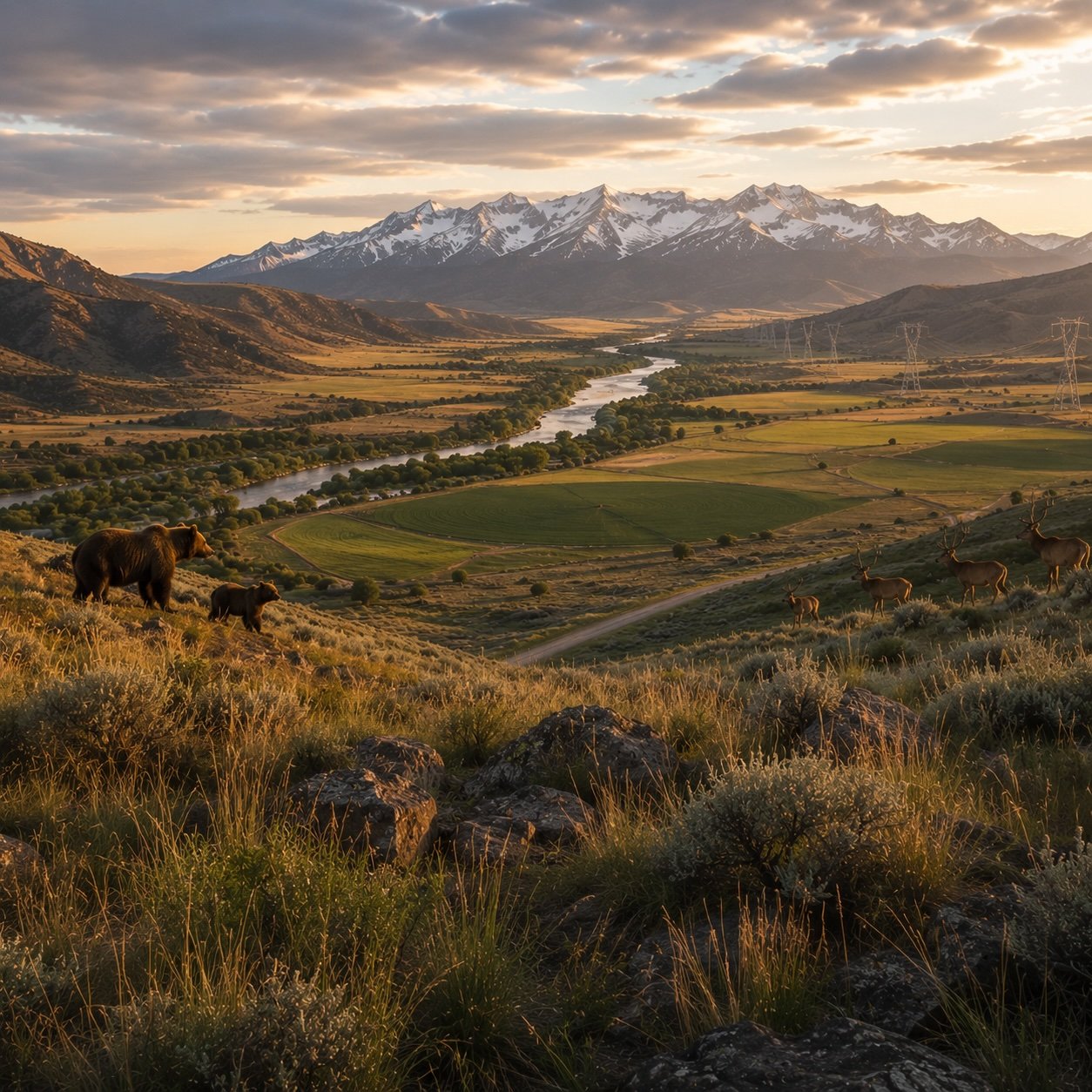 A scenic landscape featuring mountains with snow caps, a river winding through a lush green valley, and a group of brown elk and a bear in the foreground during sunset.