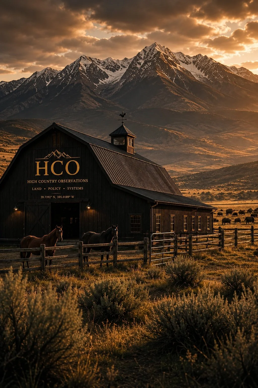 A rural barn with the sign 'High Country Observations' in front of a mountain range during sunset, with a few horses near the barn and a herd of cattle in the distance.