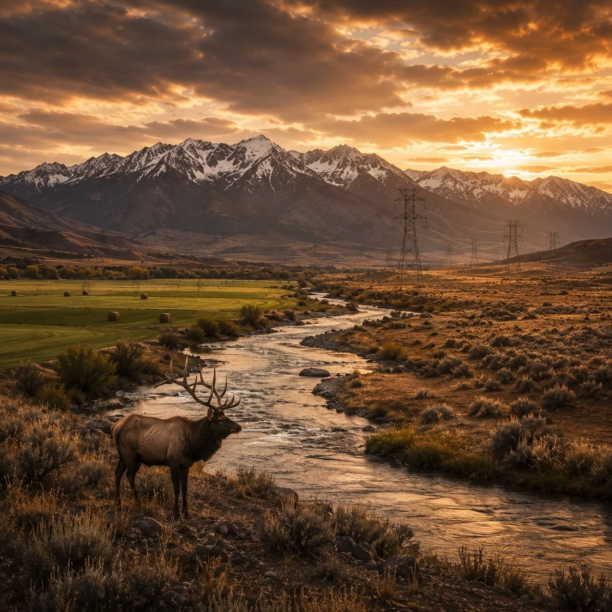A majestic elk standing near a river at sunset, with mountain ranges, power lines, and a cultivated field in the background.