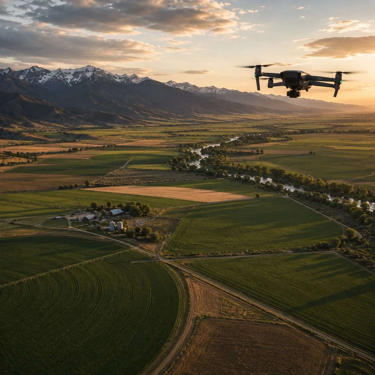 An aerial view of farmland with green fields, a river, and mountains in the background during sunset, with a drone flying overhead.