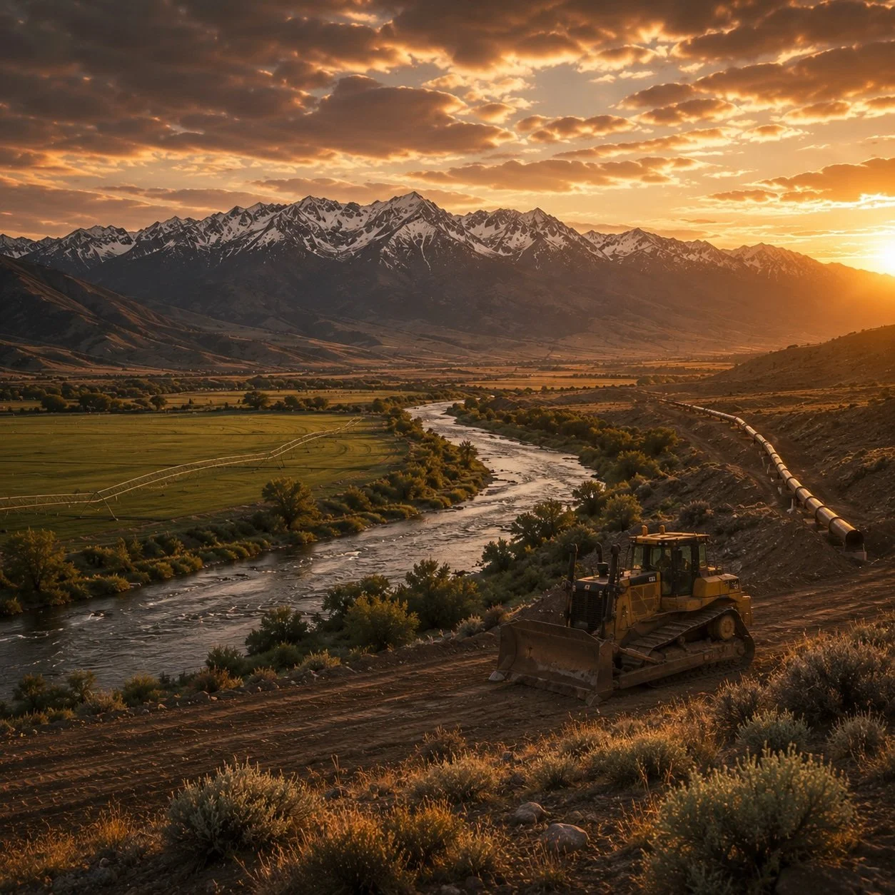 A bulldozer working near a river with mountains and a sunset sky in the background.