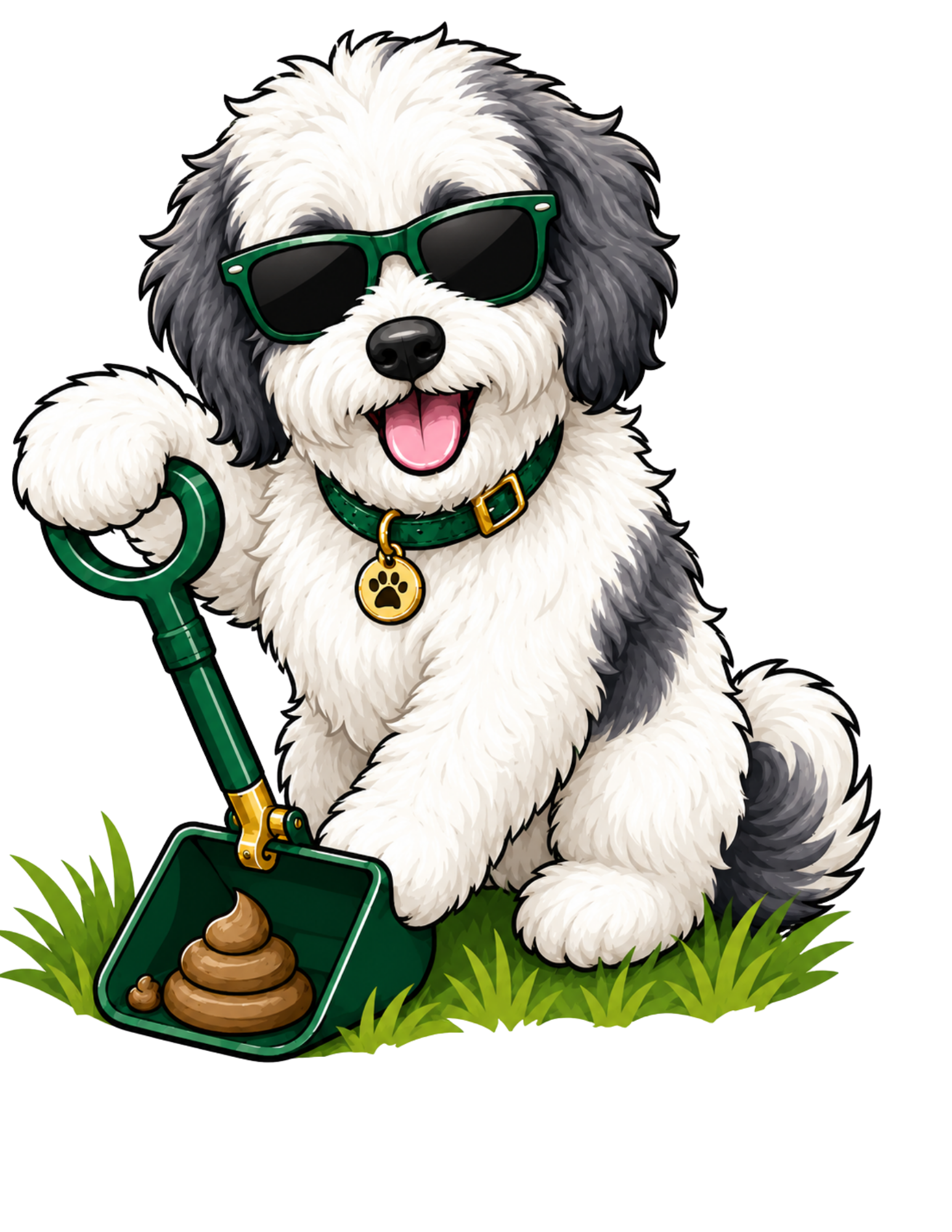 Cartoon illustration of a fluffy dog wearing sunglasses and a green collar with a gold paw pendant, holding a pooper scooper with a bag of dog poop, standing on grass.