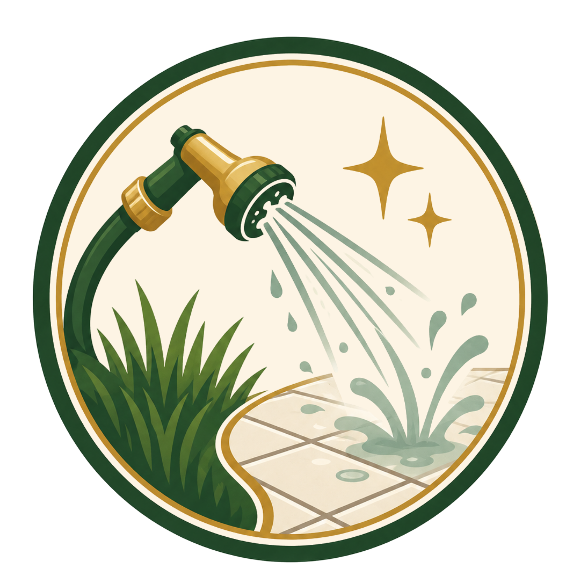 A logo featuring a gold watering hose spraying water on a patch of green grass, set inside a circular badge with a green border and gold stars, representing gardening or lawn care.