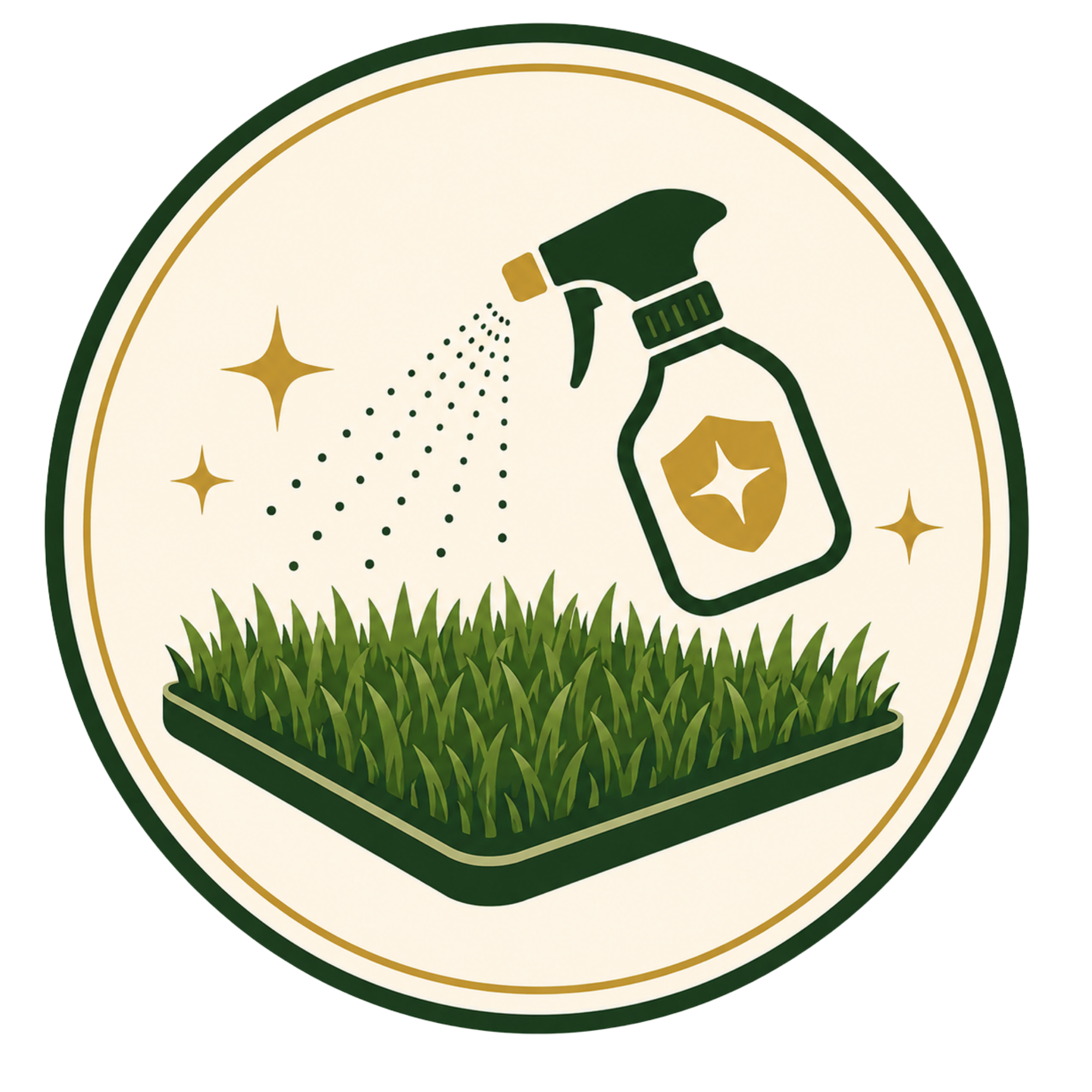 A round badge with gold and dark green borders featuring an illustration of a green spray bottle spraying a cleaning solution, with small dots representing spray, and golden stars and grass at the bottom.
