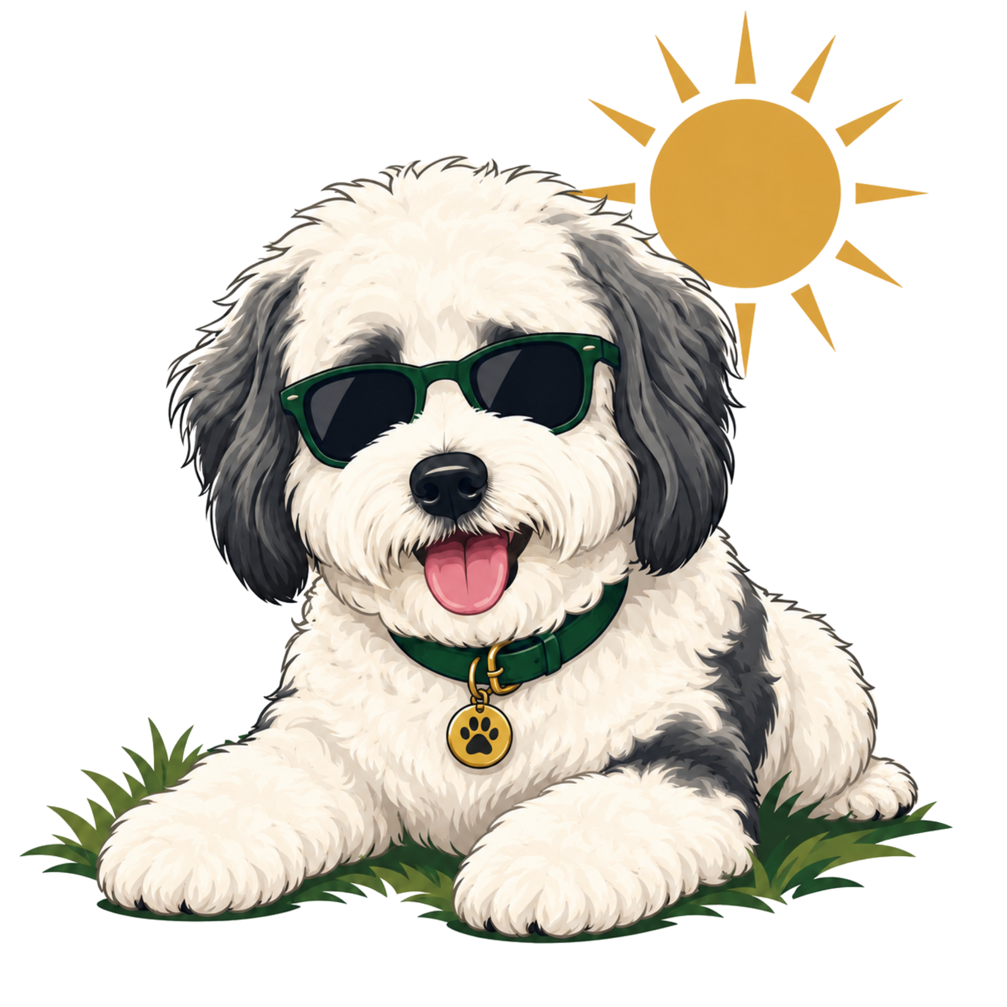 A cartoon illustration of a fluffy dog wearing sunglasses, sitting on grass with a stylized sun in the background.