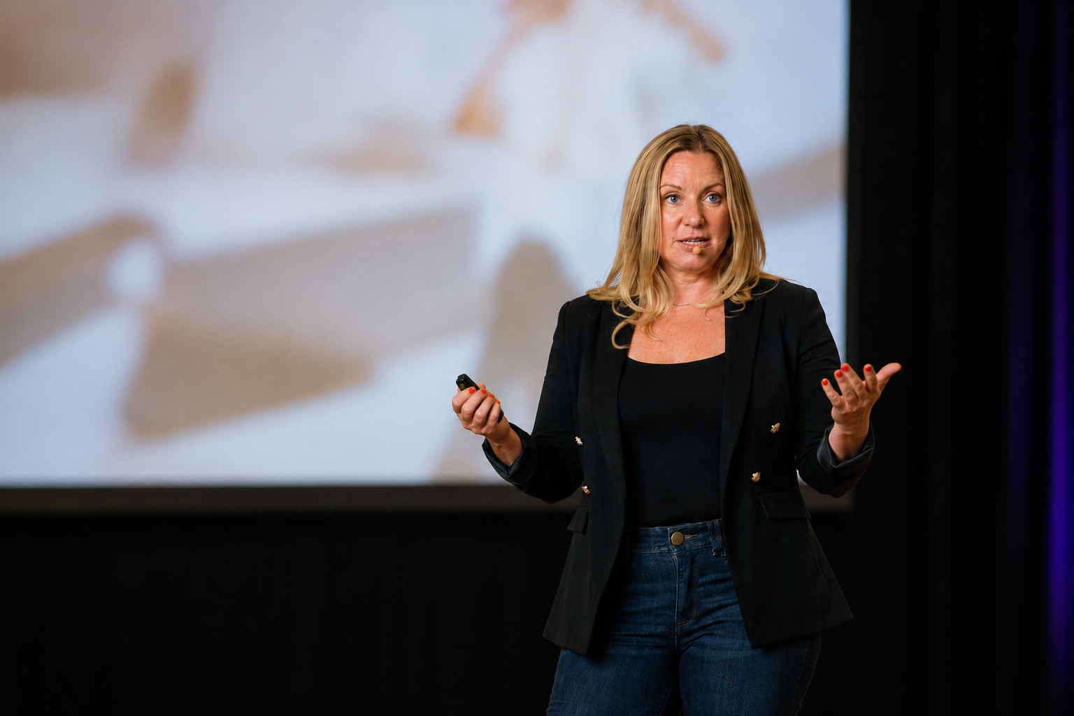 A woman with blonde hair giving a presentation on stage, gesturing with her right hand, wearing a black blazer and jeans, with a large screen behind her.