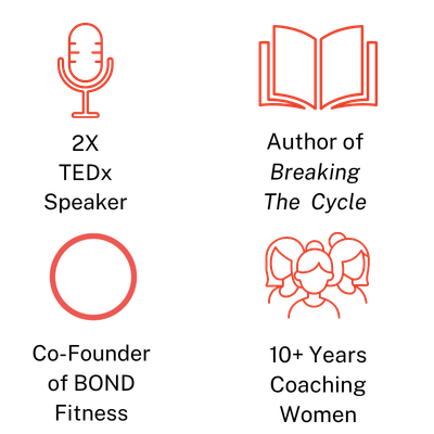 Neon icons of a microphone, an open book, a play button, and a group of people with glasses and long hair.