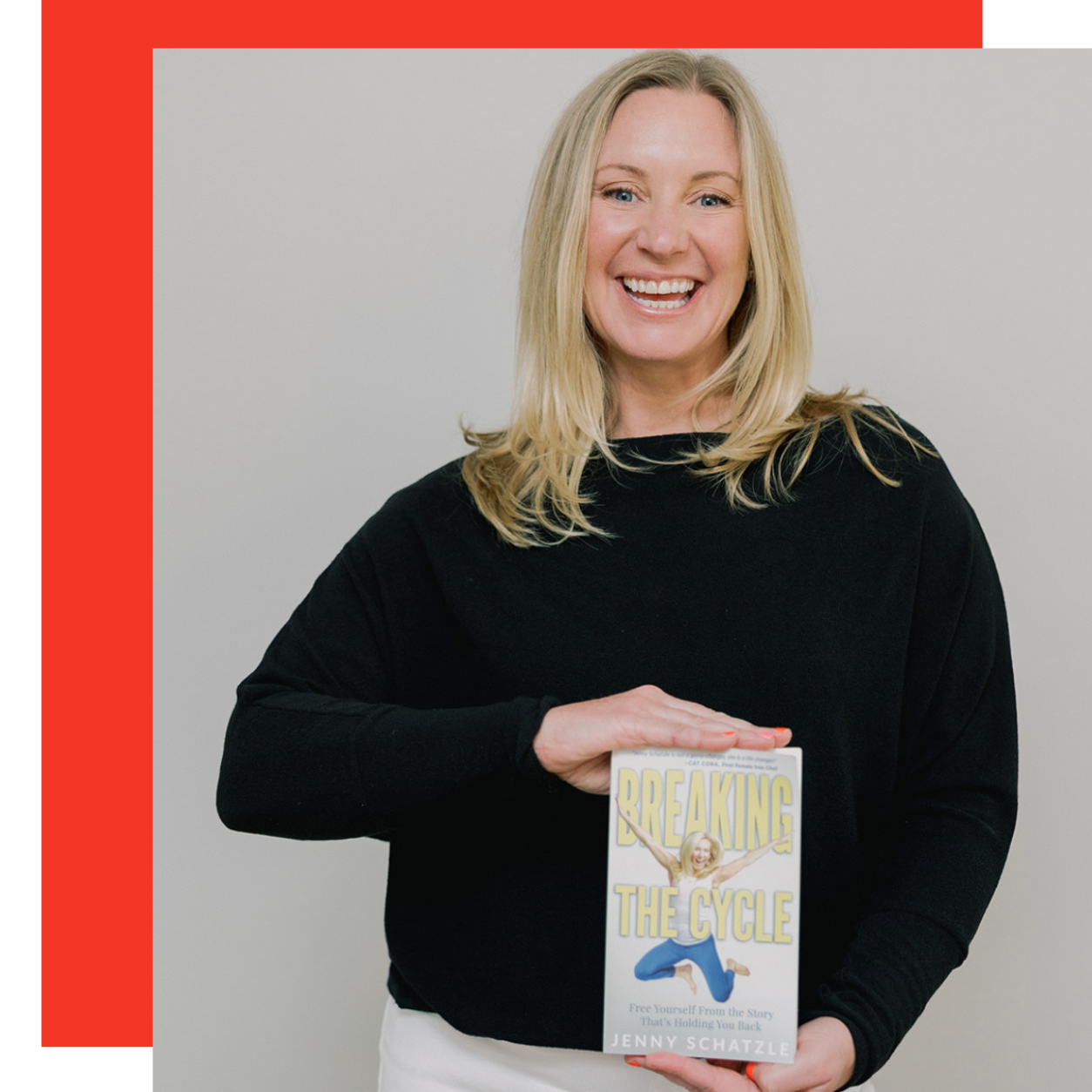 A smiling blonde woman in a black top holding a book titled "Breaking the Cycle" by Jenny Schazle, standing against a plain background with a red border on the left.