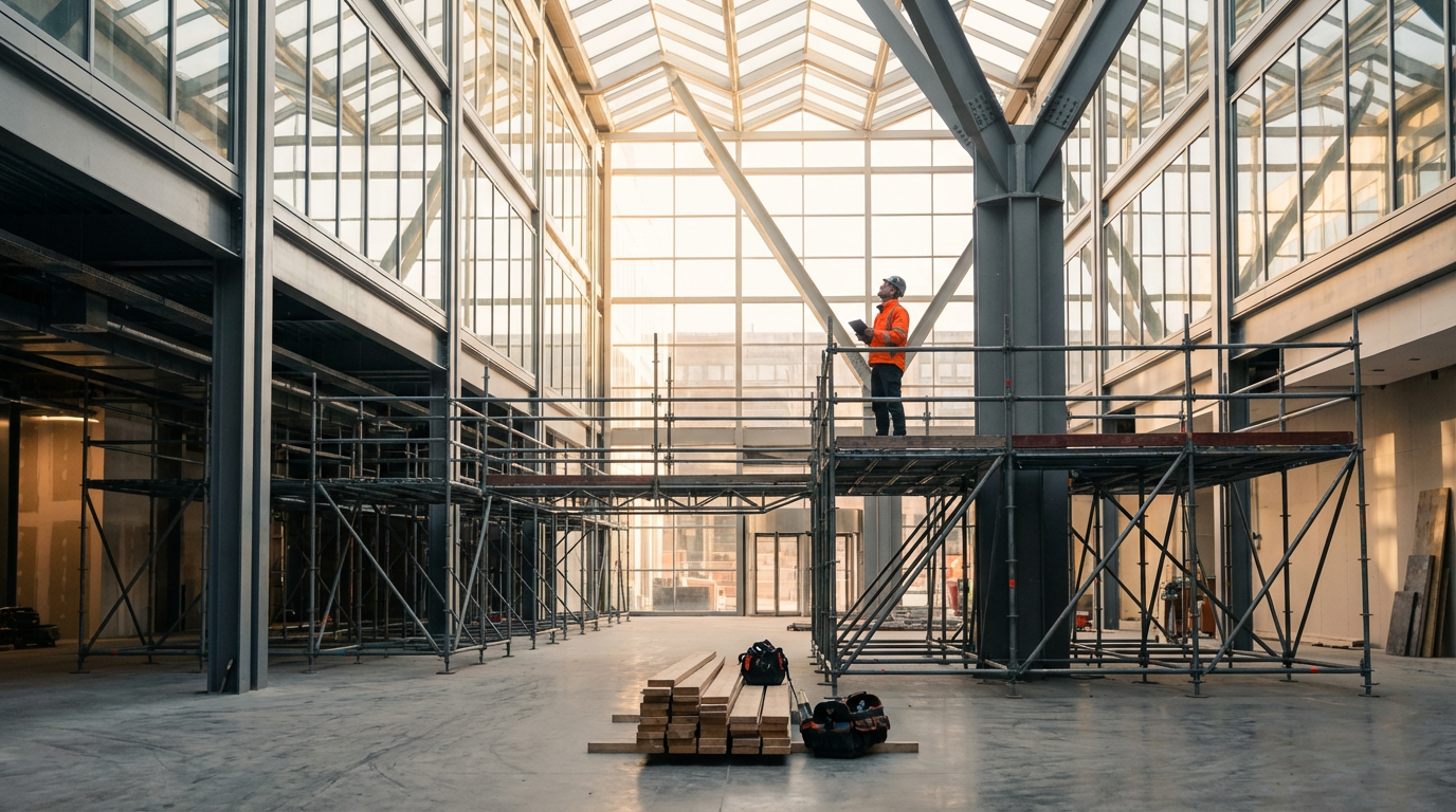 A construction worker in an orange jacket and helmet standing on scaffolding inside a modern building with large glass windows, examining a tablet or blueprint.