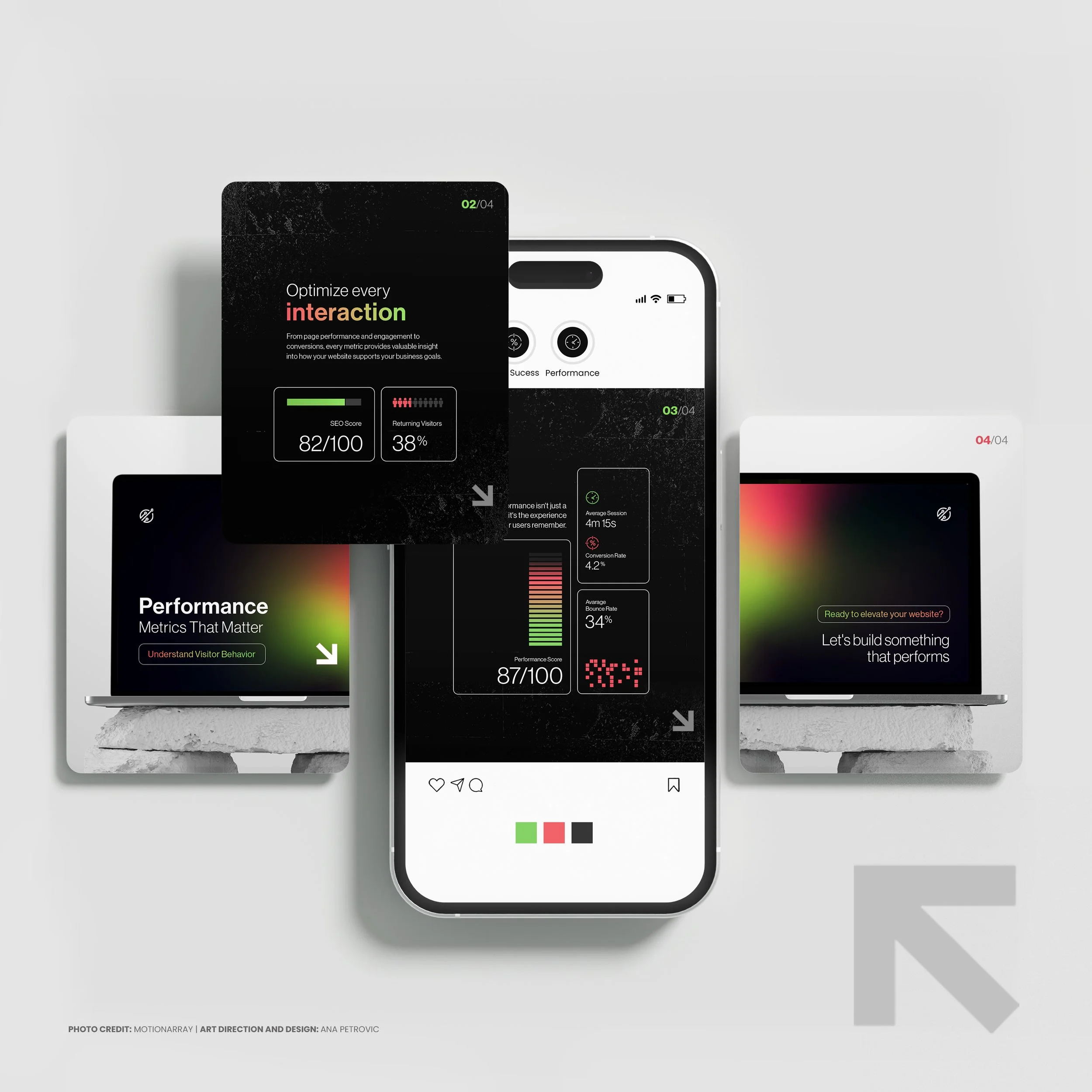 Multiple overlapping smartphone screens displaying performance metrics, charts, and text about website optimization and user behavior analysis on a light gray background.