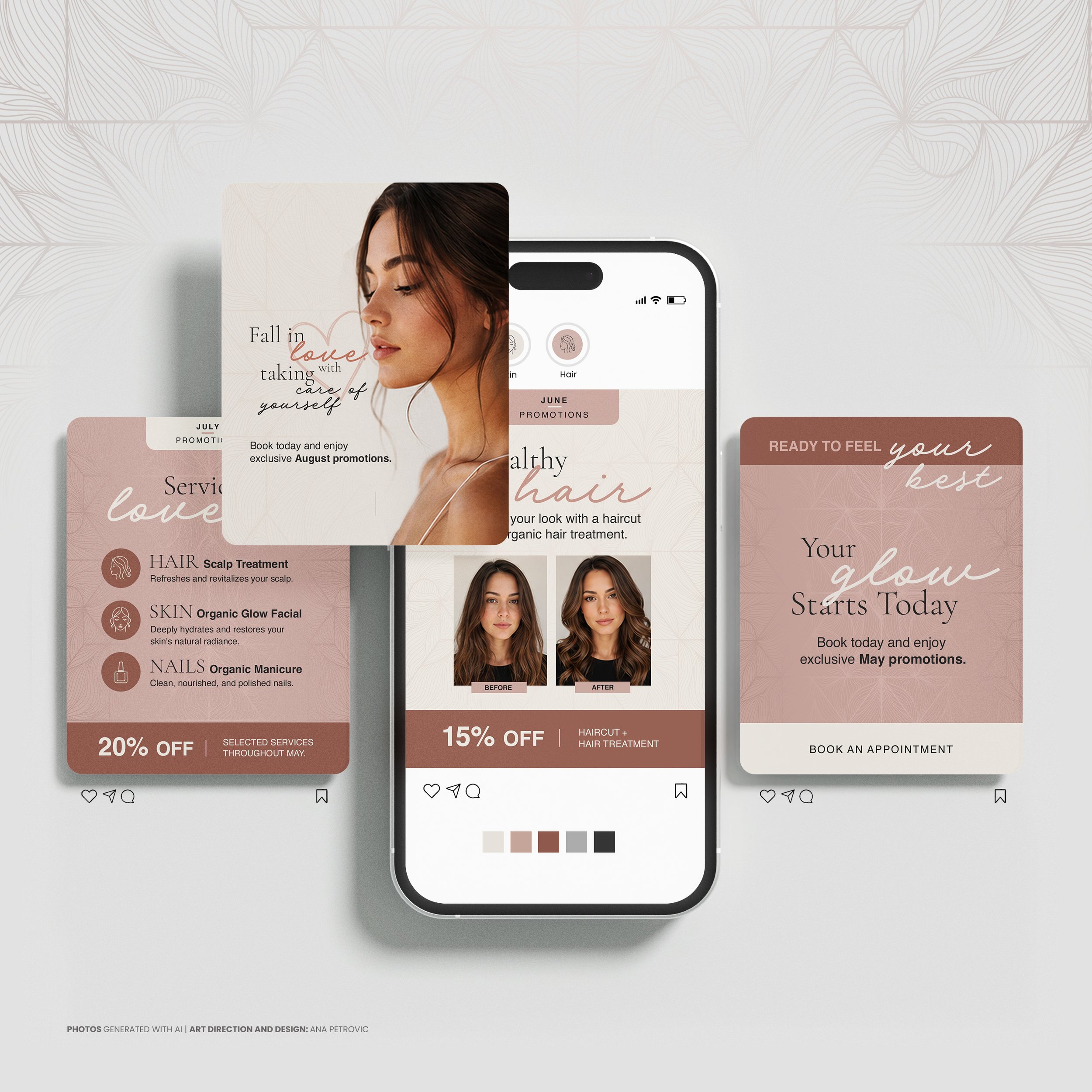 Smartphone displaying a beauty salon promotional social media posts and branding, with images of women before and after hair treatments, and text about discounts and services.