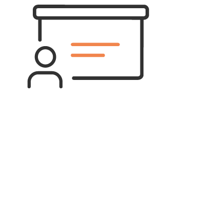 An illustration of a person standing in front of a large presentation screen with orange lines, resembling a presentation or lecture setting.