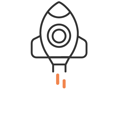 A line drawing of a rocket launching with smoke and flames coming from the bottom.