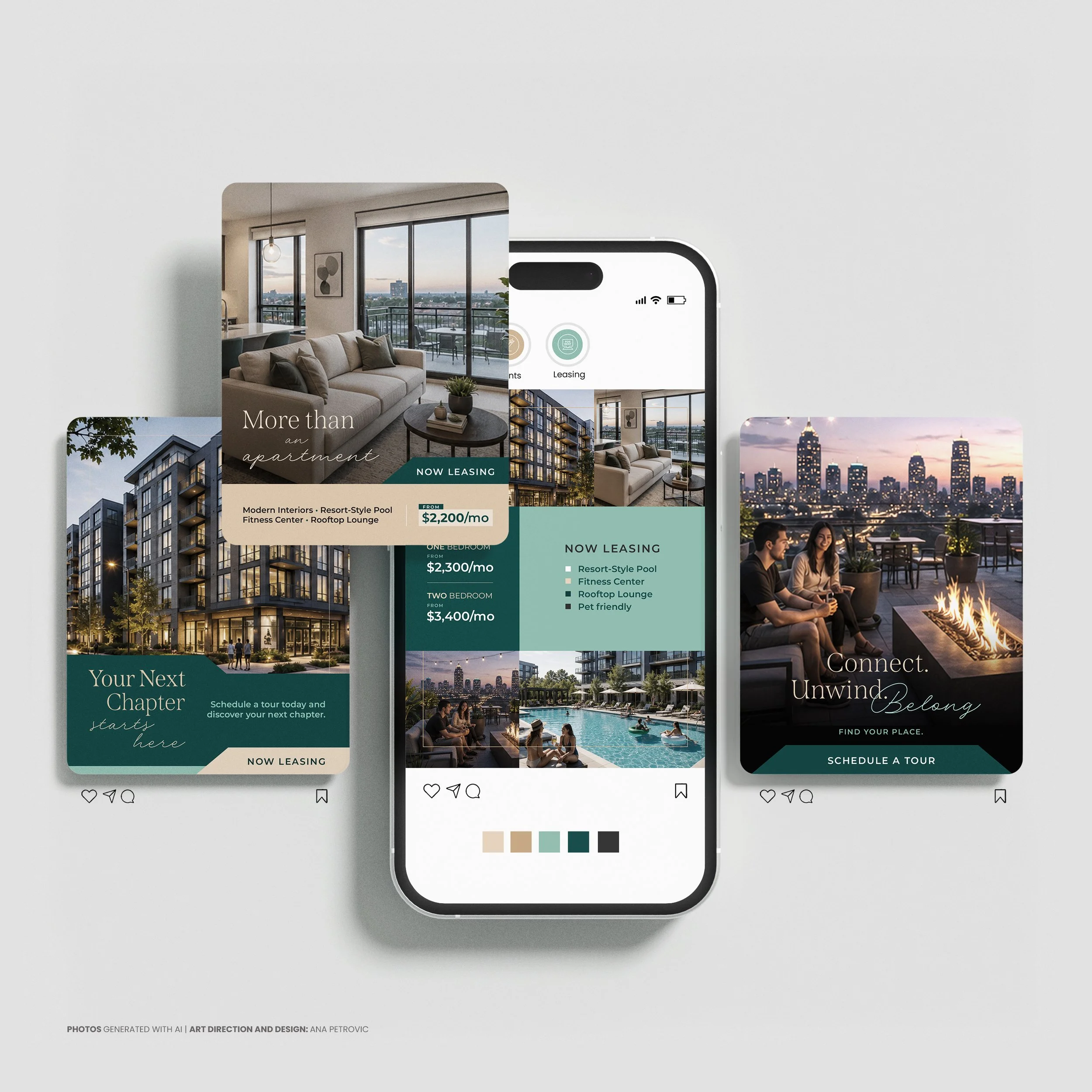 A smartphone displaying images of modern apartment interiors and amenities, including a living room, a pool, and skyline views.