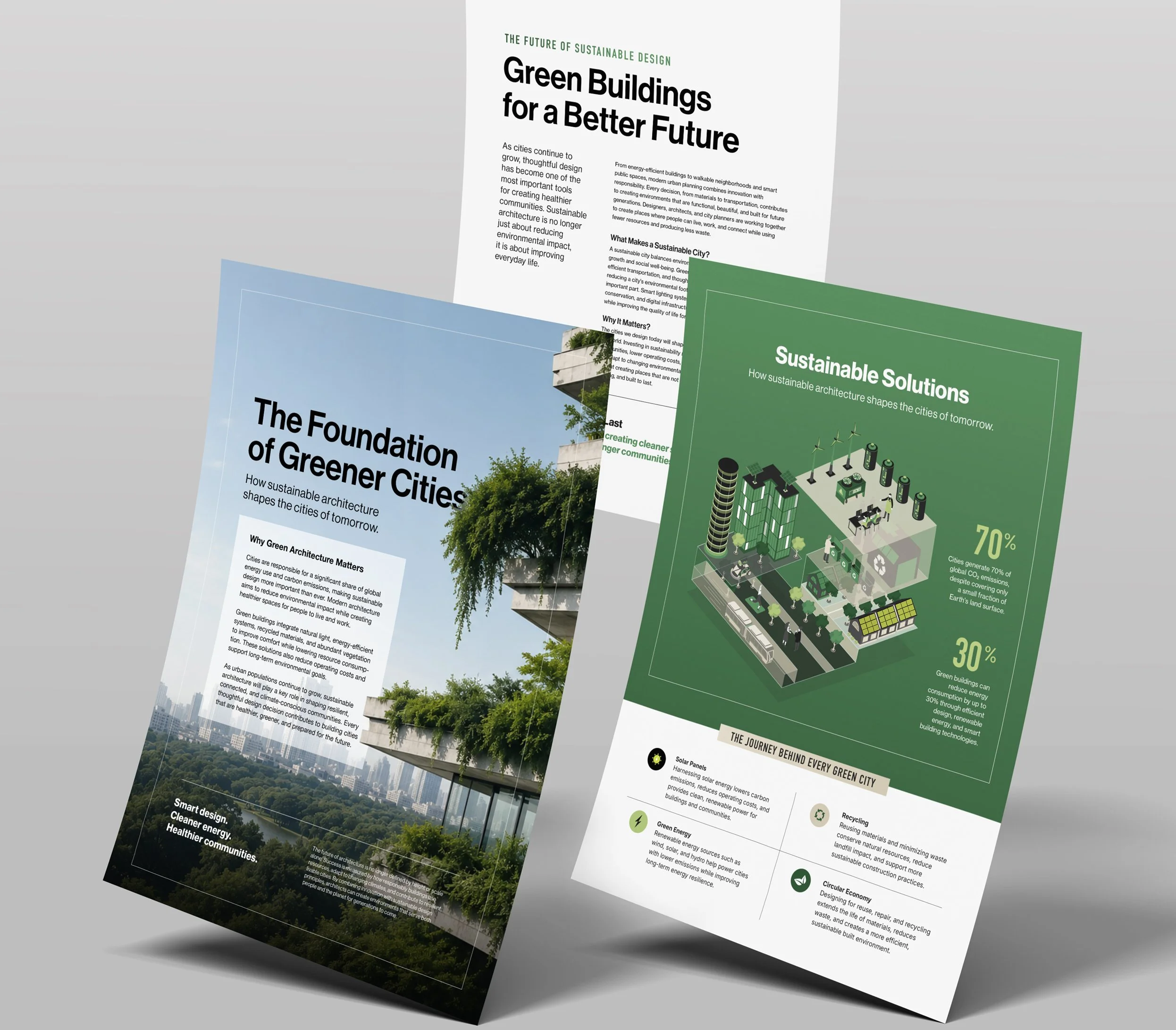 Brochure pages about sustainable architecture and green buildings with text, diagrams, and images of cityscapes and eco-friendly infrastructure.