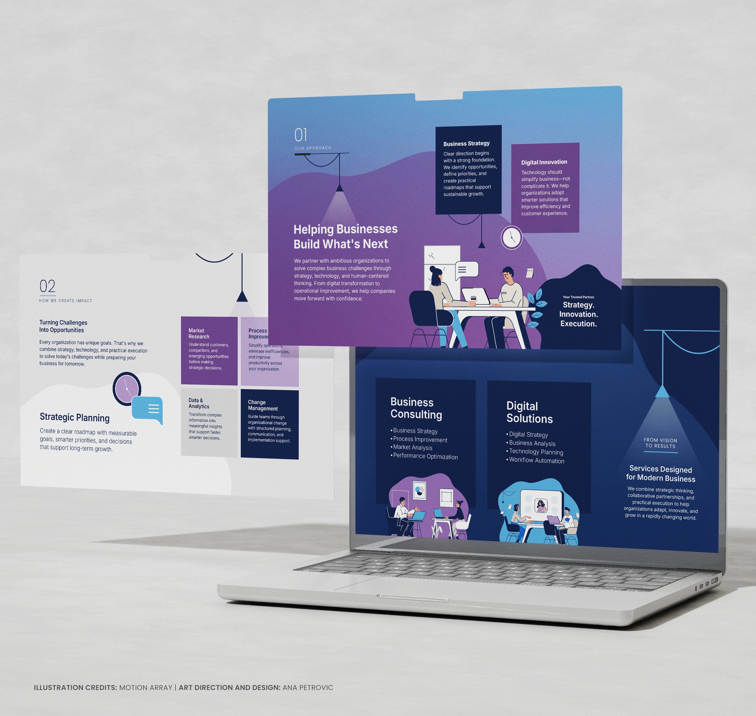 A digital infographic poster with purple, blue, and dark gray colors, containing text and illustrations about business strategy, digital innovation, and solutions. The poster features graphics of people working on computers, charts, and icons.