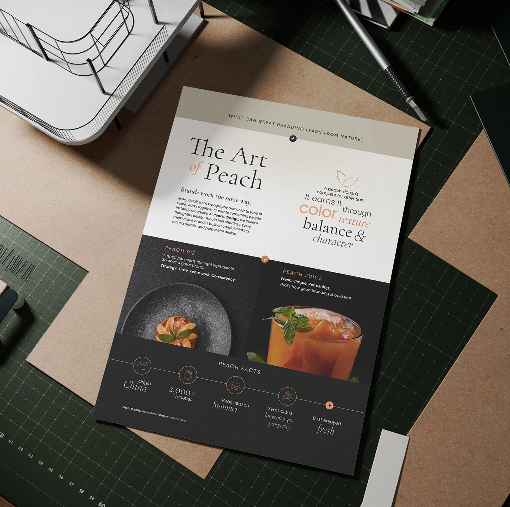 Close-up of a printed flyer or brochure on a workspace with cutting mats, paper, and a pen. The flyer discusses branding inspired by peach, mentioning brand origin from China, varieties, and characteristics like color, texture, and flavor.