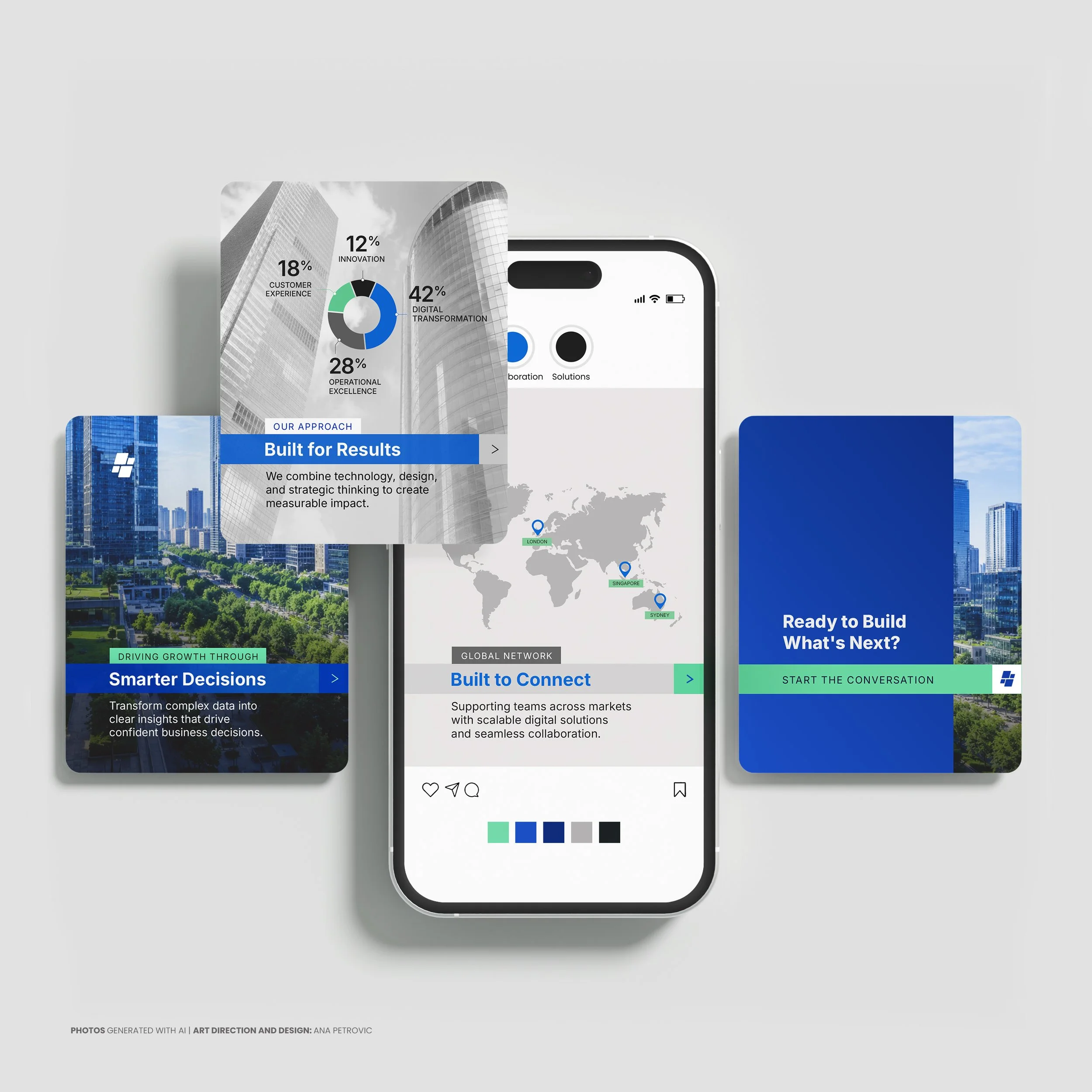 A smartphone with a digital website or app interface displaying charts, graphs, a world map, and urban skyscraper background, promoting digital transformation and connectivity.