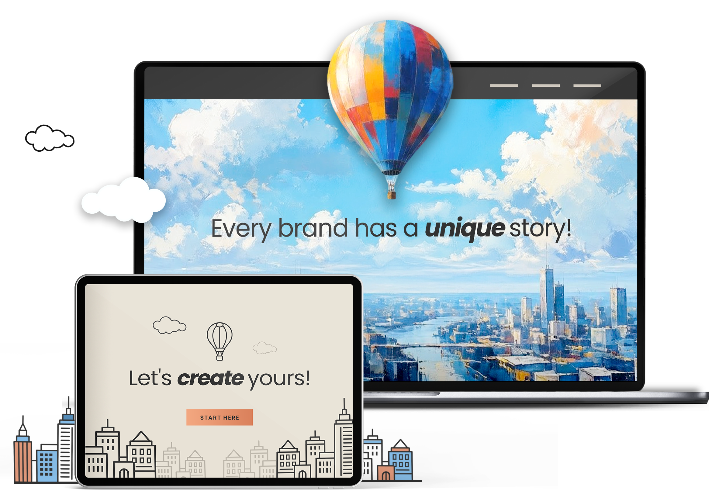 Multiple electronic devices displaying digital art and text, including a hot air balloon, city skyline, and clouds with motivational messages.